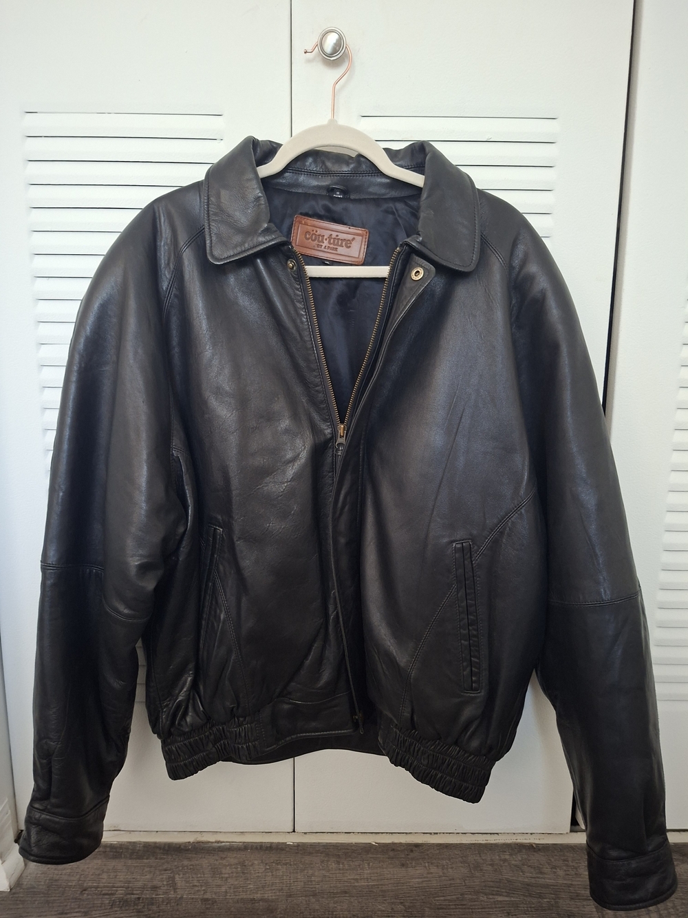 Romeo & Juliet Couture Black Leather Bomber Jacket with Collar